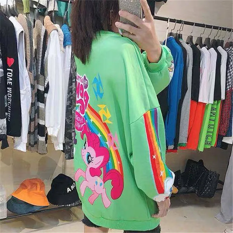 Аниме толстовки женские Kawaii девушки милые женские пуловеры, топы Свободные Мультяшные японские худи женские осенние свободные зеленые толстовки