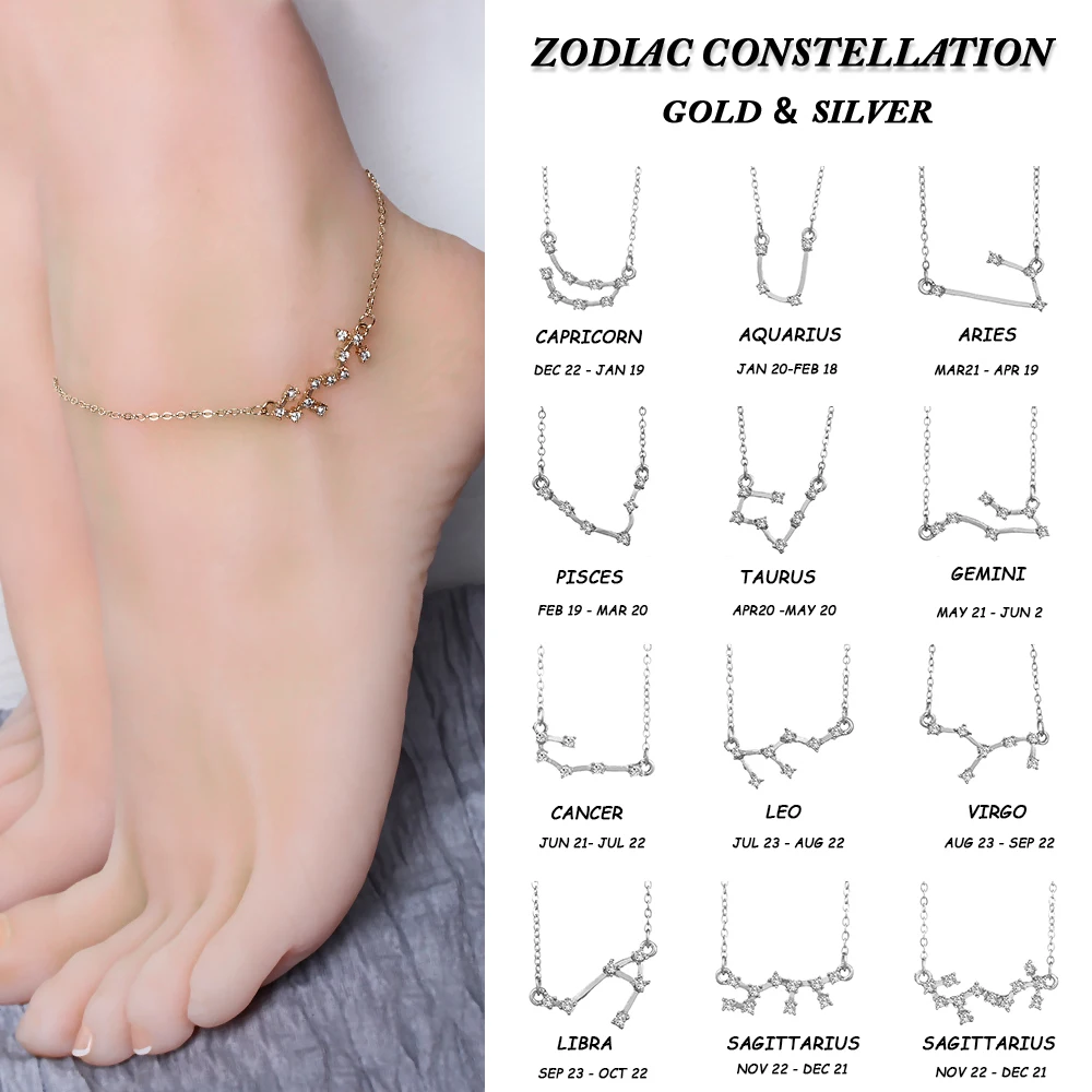 1PC Zodiac Anklets Constellation Pendants Crystal Foot Chain Friend Lover Gift Gold Women Fashion Jewelry Accessories | Украшения и