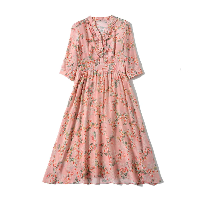

Gezelligheid Dresses For Women 2021 Summer Clothes Casual Elegant Pink Shirt Sleeve Flroal Harajuku Real 100% Silk Midi Dress