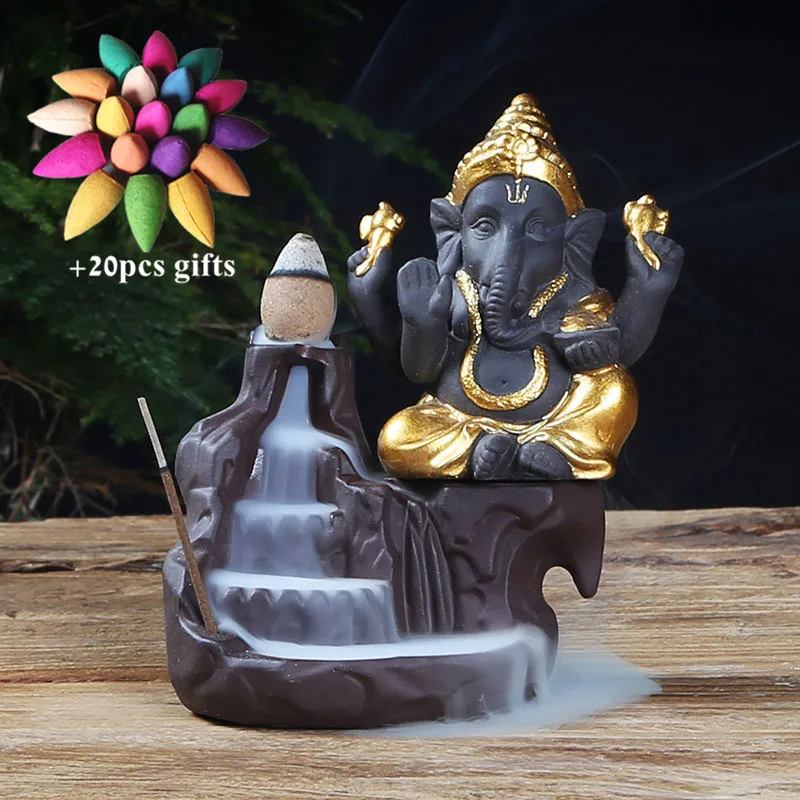Gold-A Керамический Бог слон Ganesha курильница для благовоний горелка Индия водопад курильница подставка для ароматических палочек домашний декор+ 20 шт Бесплатные конусы - Цвет: Gold-A