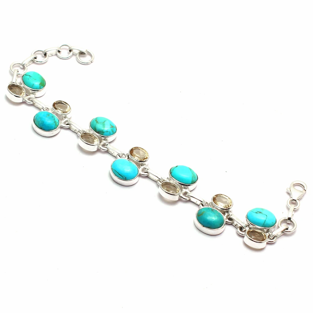 

Genuine Mohave Turquoise + Citrine Bracelet 925 Sterling Silver, Women Fine Jewelry Gift, 2SBR0187