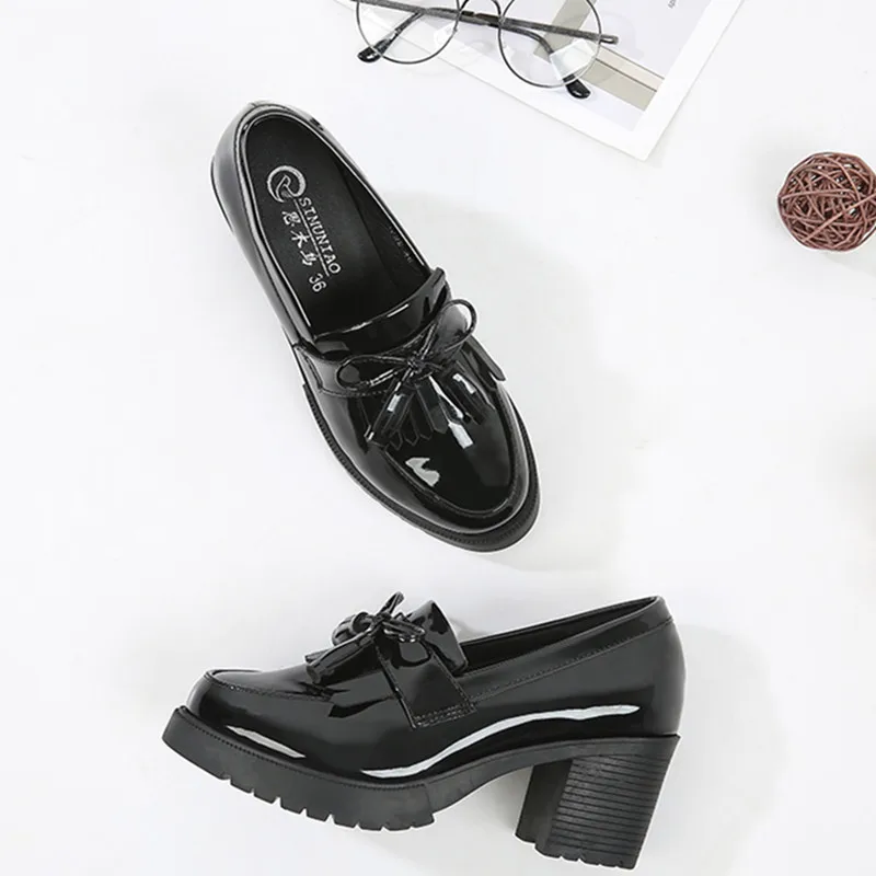 

2020 Women Leather Shoes Spring Autumn New British Wind High-heeled Small Thick With Single Shoes Waterproof Platform