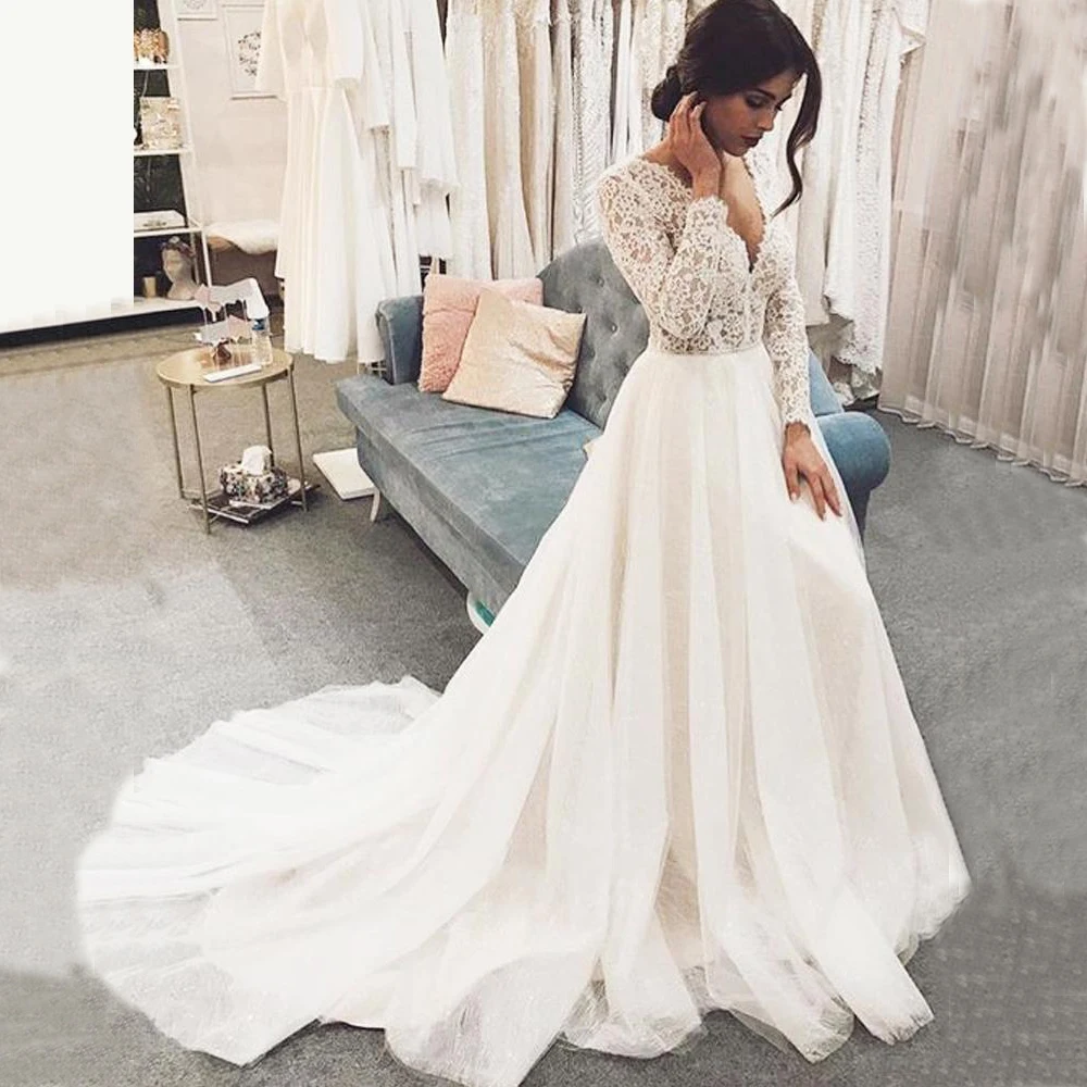 2020 винтажное кружевное свадебное платье с глубоким v образным вырезом и длинным