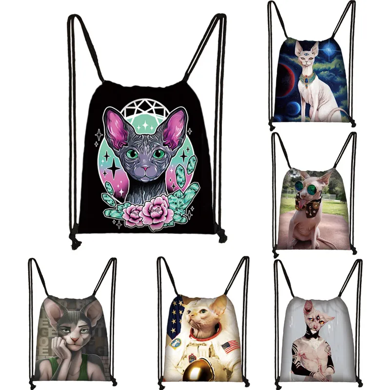 

Sphynx Cat Cartoon Print backpack woman canvas Drawstring Bag Ladies Leisure Travel Bags Dustproof Storage Bag girls bookbag