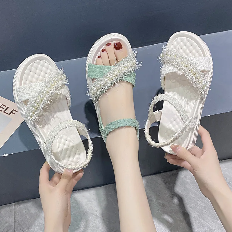 

Summer Sandals New Flat Ladies Outdoor Designer Roman Style Fashion Open Toe Sandals Pearl Women Shoes Sports Sandals Women 2021
