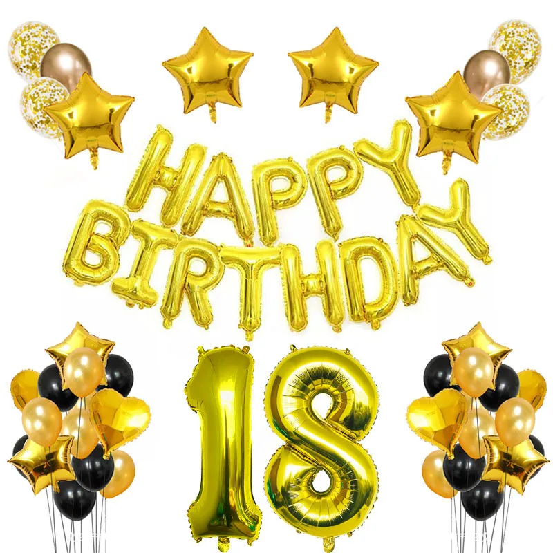 

Набор воздушных шаров золотистого цвета с надписью Happy Birthday и номером 18 для мальчиков и девочек