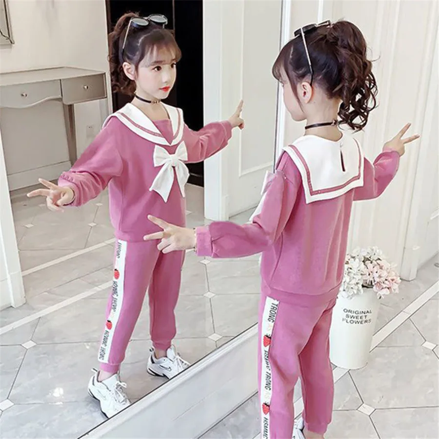wholesle 2021 spring and autumn big girl clothing sets children clothes kids top with bow+striped pant 2pcs | Мать и ребенок