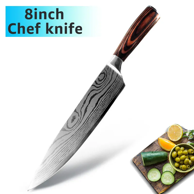 8 INCH CHEF KNIFE Ножи шеф-повара 9 набор кухонных ножей 7CR17 440C из высокоуглеродистой нержавеющей стали дамасский рисунок Gyuto Кливер набор слайсер нож сантоку - Цвет: 8 INCH CHEF KNIFE