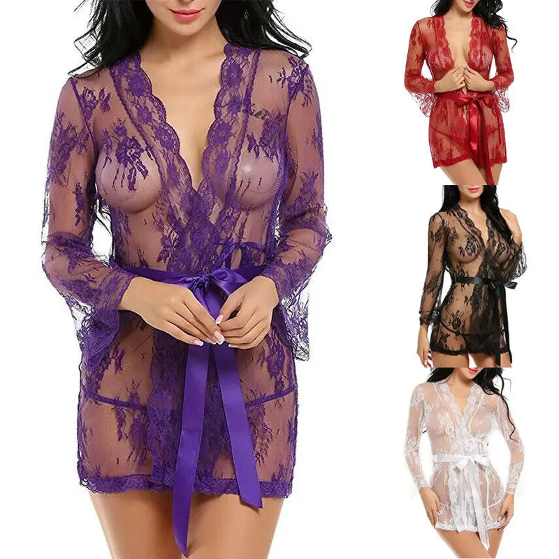 

Sexy Lingerie Women Transparent Robe Bathrobes Ladies Sexy See-through Lace Mesh Sleepwear Women's Underwear Exotic Costumes