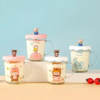 glass convenient cute cartoon pattern water cup adorable drink cup with lid for students
