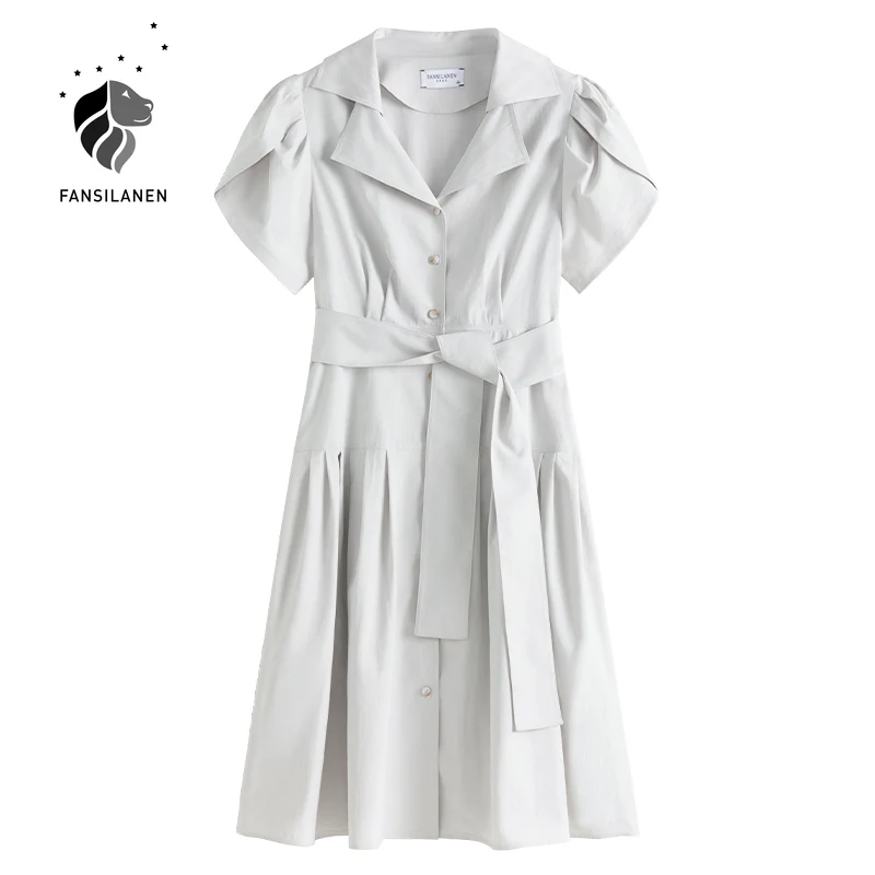 

FANSILANEN Puff sleeve office lady casual long shirt dress Women pleated bandage elegant dress Spring summer female sexy dress