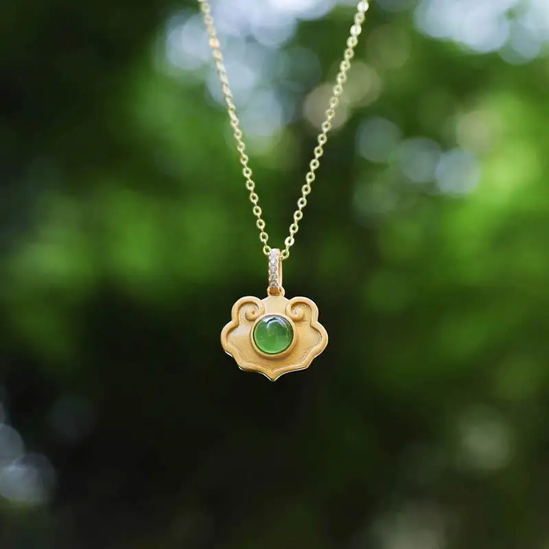 

Natural Hetian Jade Green Jade Xiangyun Ruyi Pendant Jade Vintage Gilding Craft Silver Necklace jade jewelry