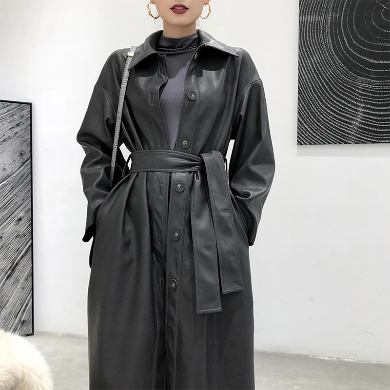 

Cool PU Leather Long Motorcycle Jacket 2021 New Spring Autumn Women Jackets Loose Belted Streetwear Outerwear Large size
