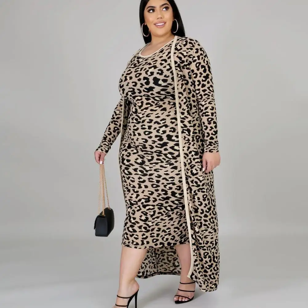 

Fashion Women Leopard Printed Dress Sets Two Pieces Elegant Autumn Winter Wear Long Sleeves Long Coats + Bodycon Dresses Party