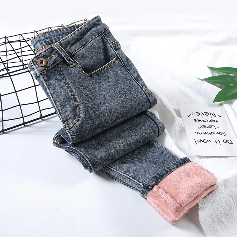 Winter Fleece Warm Thick Plus Velvet Skinny Mom Jeans For Women High waist Slim fit Female Stretch Denim Pencil Pants