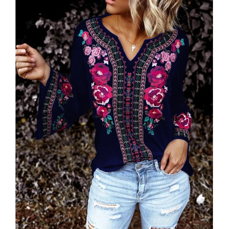 Женские топы с принтом CINESSD футболка V-образным вырезом и длинным рукавом