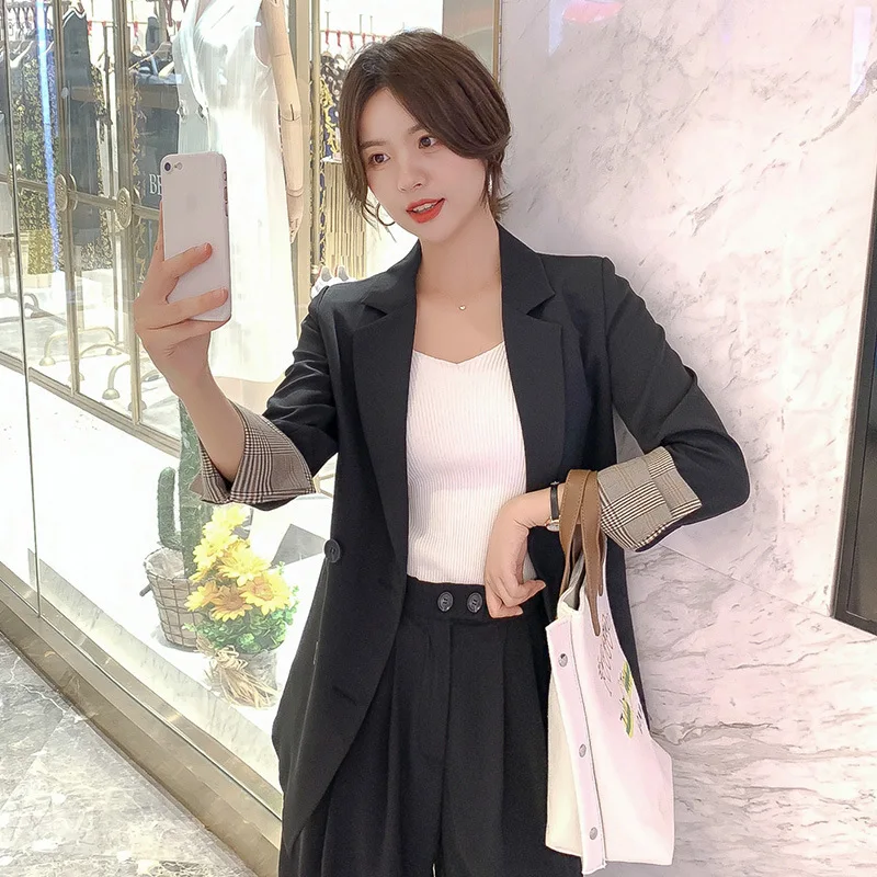 

Office Lady Blazer Spring Autumn Women Jackets Slim Single Breasted Pockets Formal Jackets Checkered Outerwear Tops