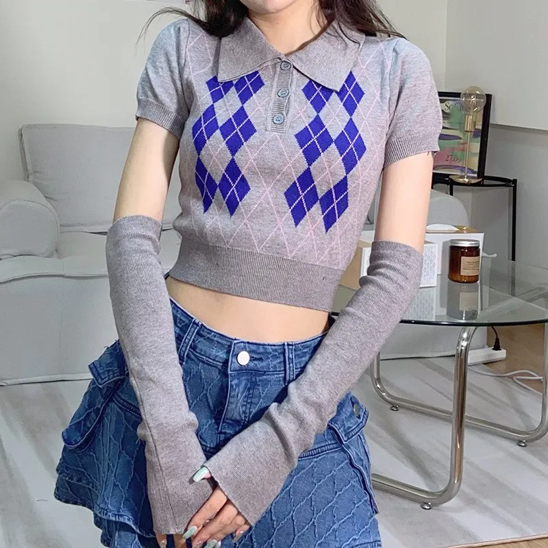 

Y2K Argyle Knitted Jumpers 2 Piece Set Women Autumn Crop Top Vintage Sweaters Preppy Style Top Sexy Knitted Chic Pullovers