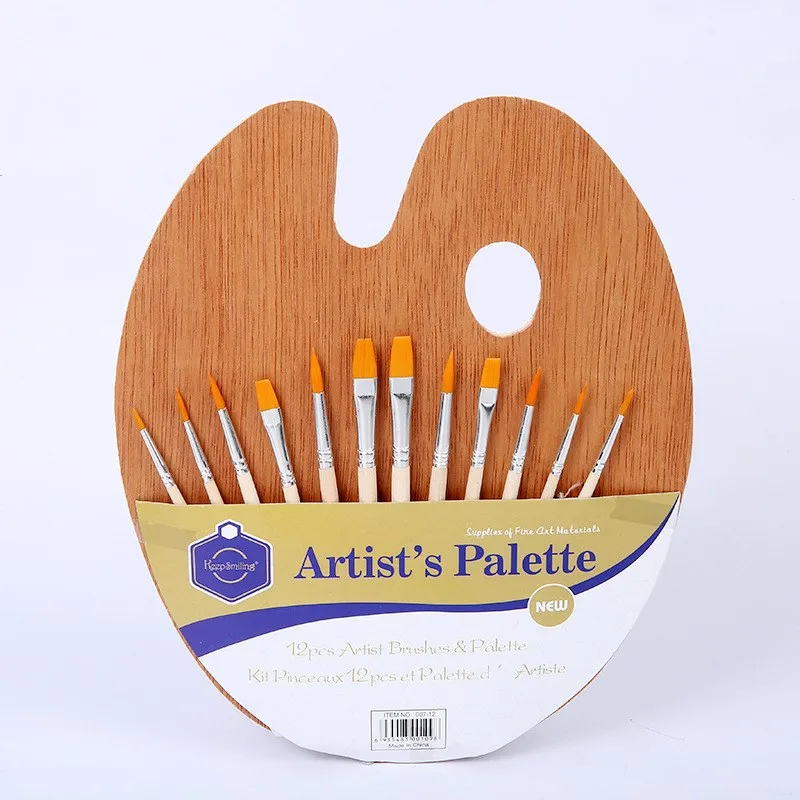

12pcs Watercolor Paint Brush Pen Set With Palette Nylon Hair Wooden Handle Brushes For Kids Students Painting Art Supplies