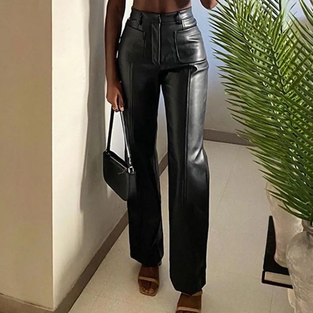 

Woman PU pants High Waist Clothes Wide Leg ClothingÂ Straight Pants High Waist Pocket Loose Trousers