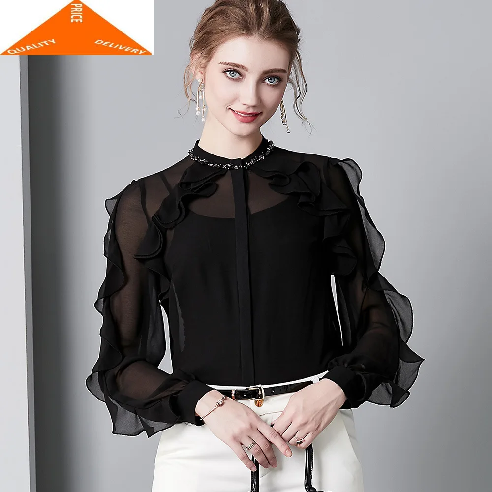 

Женская винтажная блузка из натурального шелка, элегантная рубашка с длинным рукавом и оборками, весна-осень 2020 5646