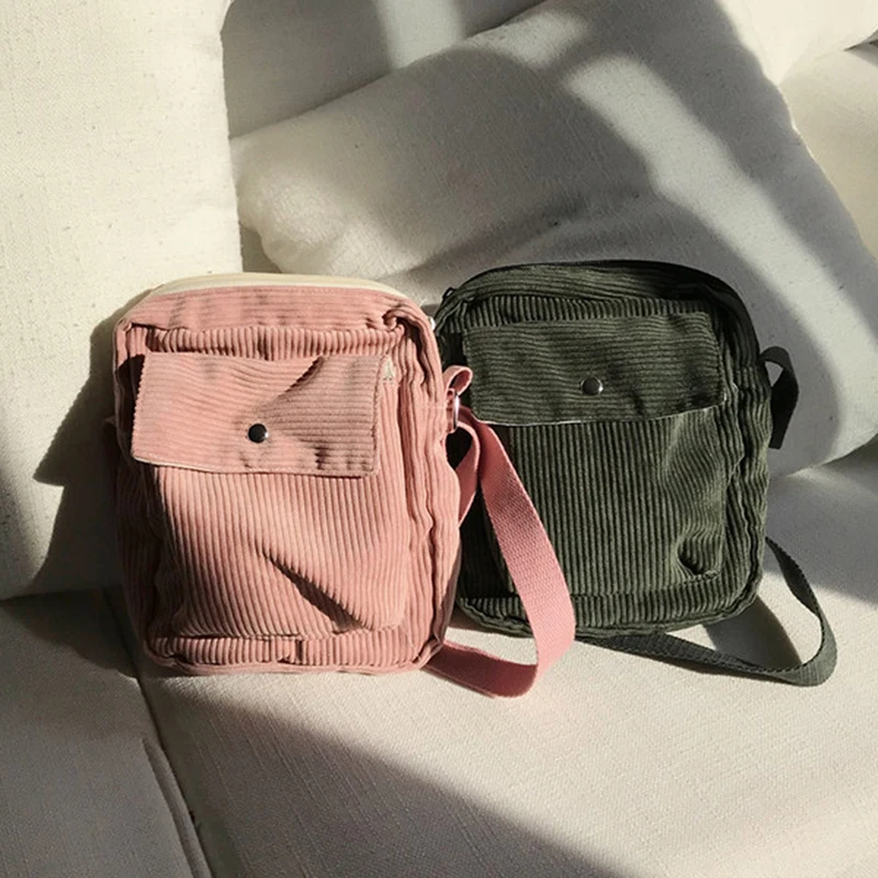 

Women Canvas Flap Bag Preppy Style Student Shoulder Messenger Bag Small Corduroy Bag Casual Satchel Travel Purse Handbag HOT