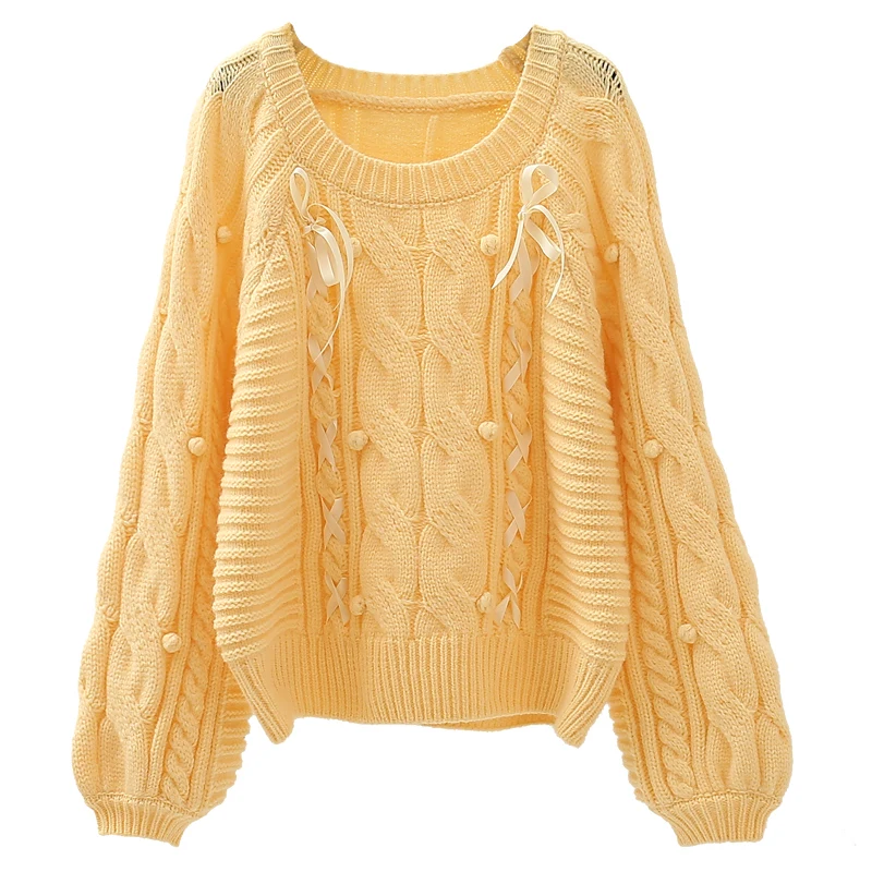 

Sweet Bandage Knitted Women Sweater Pullovers O-Neck Lantern Sleeved Solid Loose Female Pulls Outwear Tops
