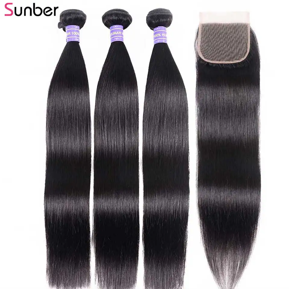 SUNBER HAIR высокое соотношение Remy перуанские прямые волосы 3 пряди с закрытием 4x4 дюймов швейцарское кружево часть закрытие