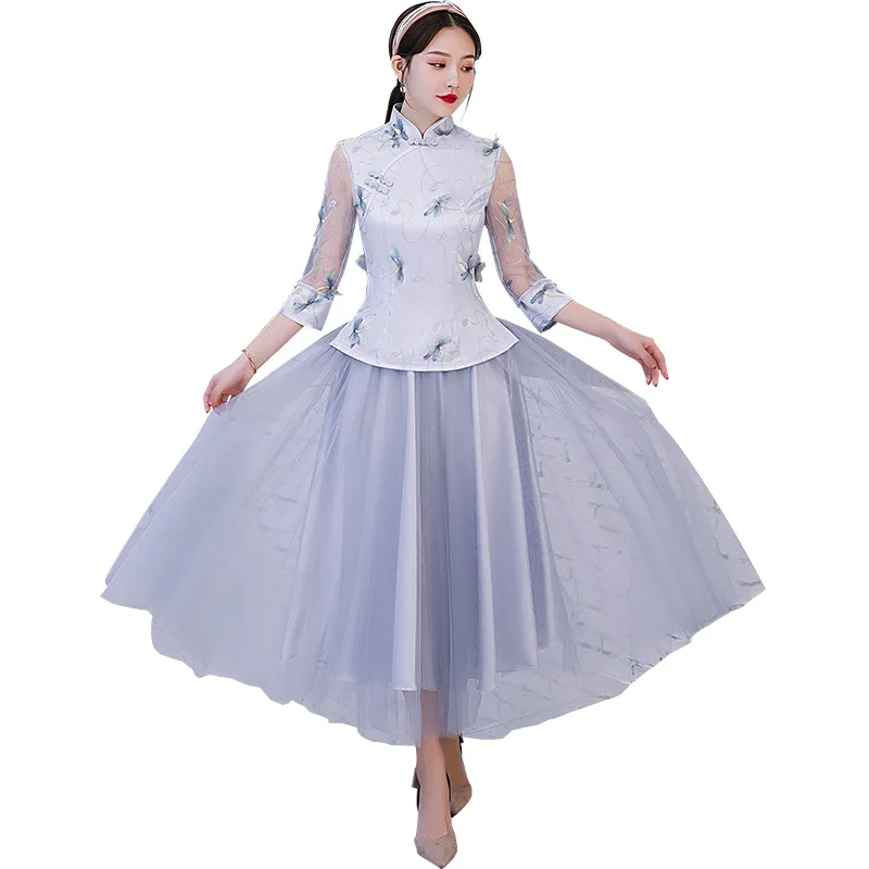 

Elegant Embroidery Butterfly Bridesmaid Wedding Prom Dresses Sweet Hollow Out 3/4 Sleeve Cheongsam Mandarin Collar Chinese Dress