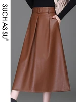 y2k autumn winter new ladies black brown red skirts pockets pleated high waist female 2021 pu leather size women skirts