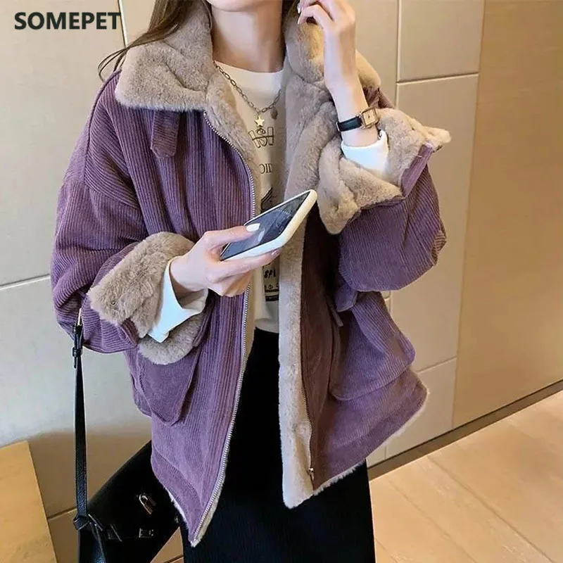 Thicken Women's Winter Jacket Korean Loose All-match Corduroy Coat for Women Oversize Casual Zipper Warm Plush Overcoat