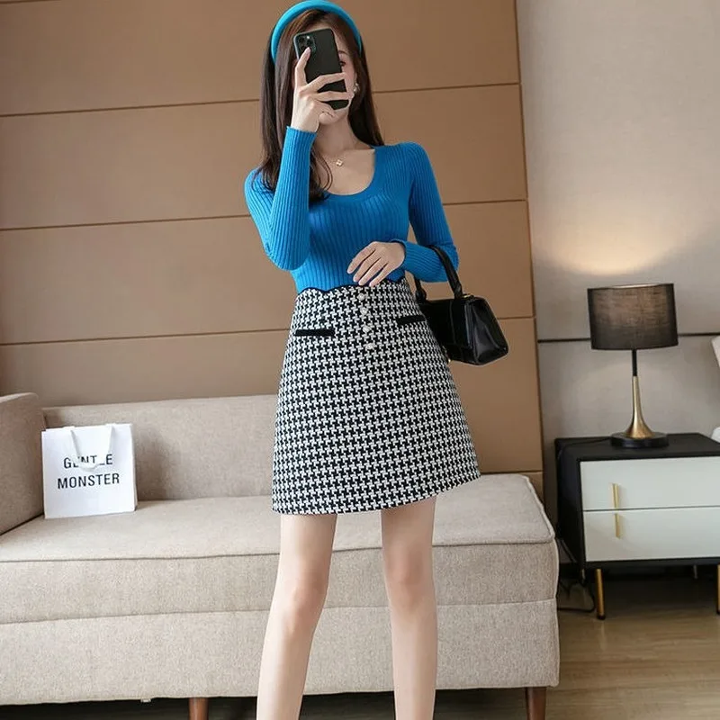 

2021 Autumn Winter New Women Fashion Retro Chic Elegant Plaid Woolen Skirt High Waist All-match Mini Bag Hip A-Line Skirts Y634