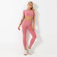 womens track suit yoga set outfit clothes gym leggings seamless fitness bra crop top short sleeve