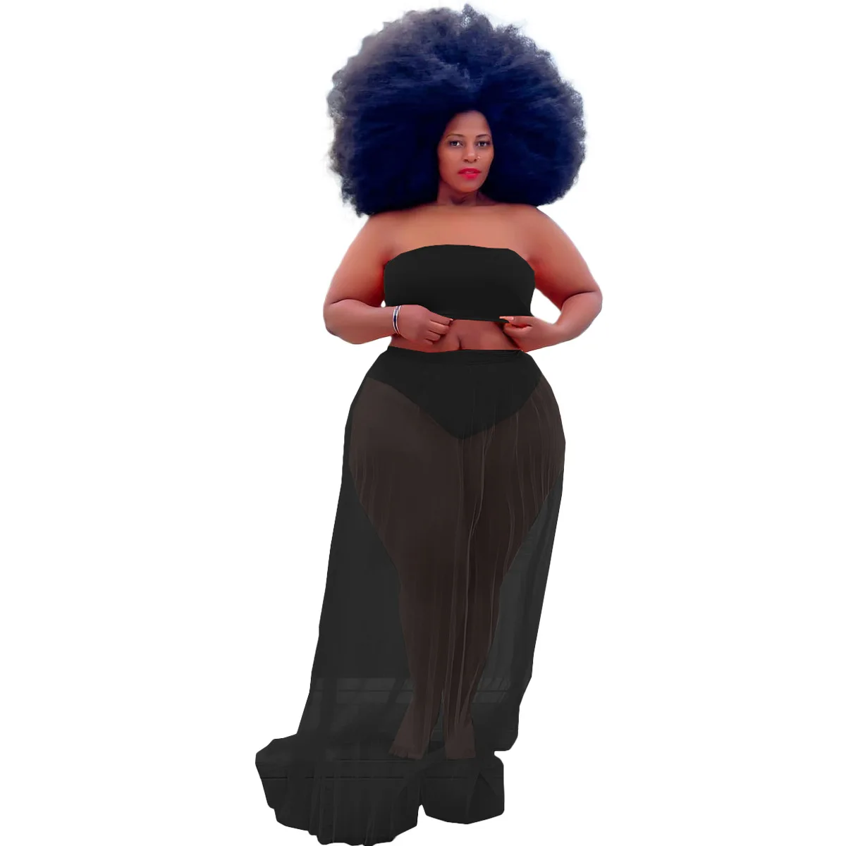 

Sexy Women Sheer Mesh Two Piece Set See Through Strapless Tank Top And Dress Tracksuit For Women Outfit