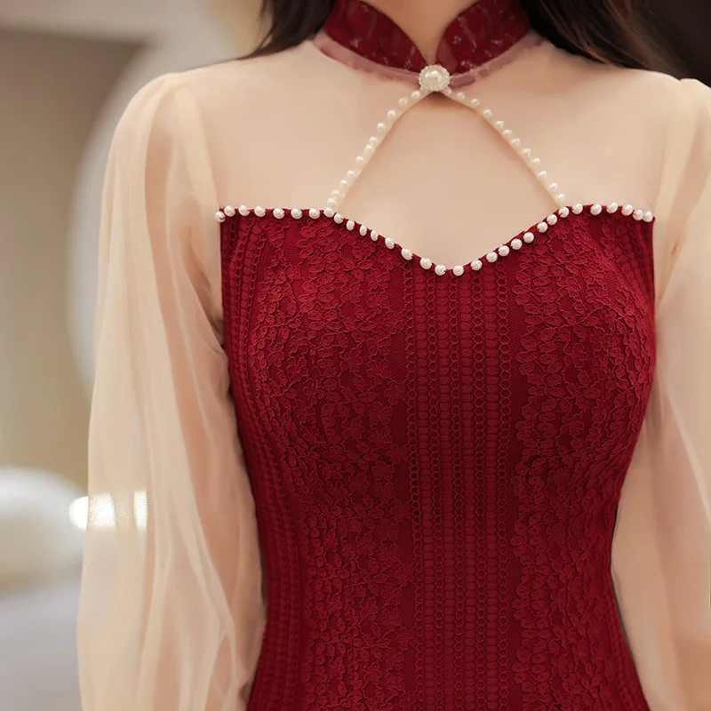 Элегантное кружевное вечернее платье-Ципао с воротником-стойкой | Тематическая