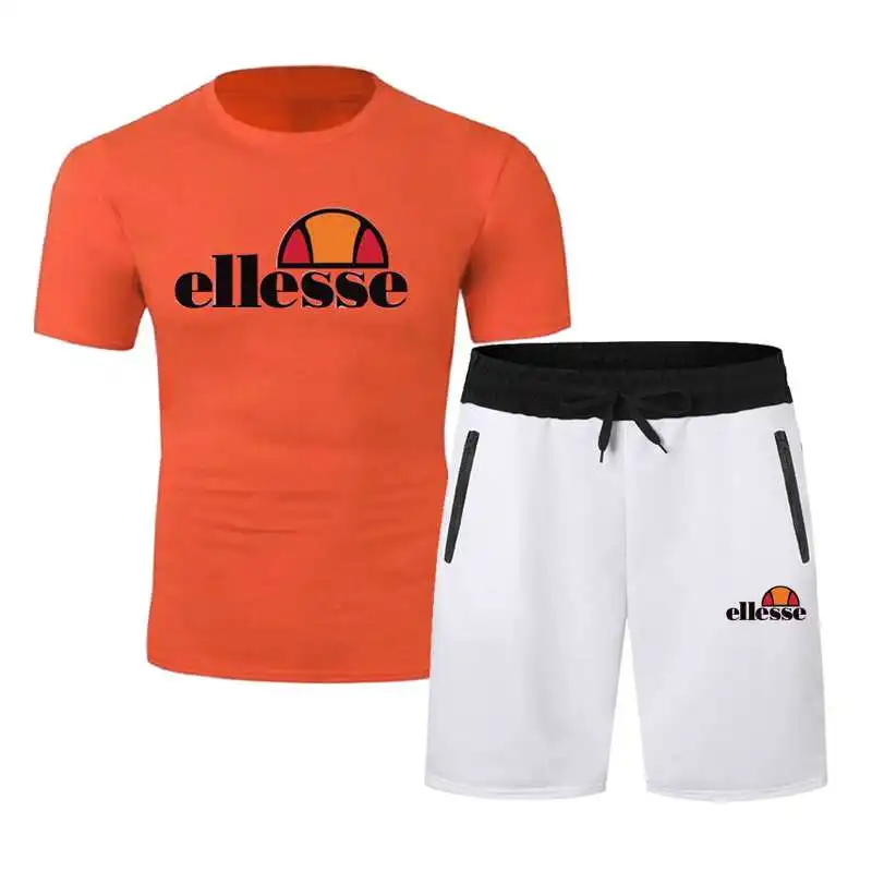 

Men's summer T-shirt set 2 pieces of sportswear basketball suit fitness short-sleeved + shorts suit, O-neck cotton short-sleeved