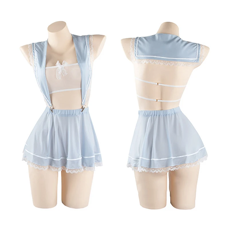 

Lolita Cute School Girl Cosplay Maid Dress Sexy Women's Backless Blue Strap Skirt Sailor Sling Uniform Lingerie Set Wholesale