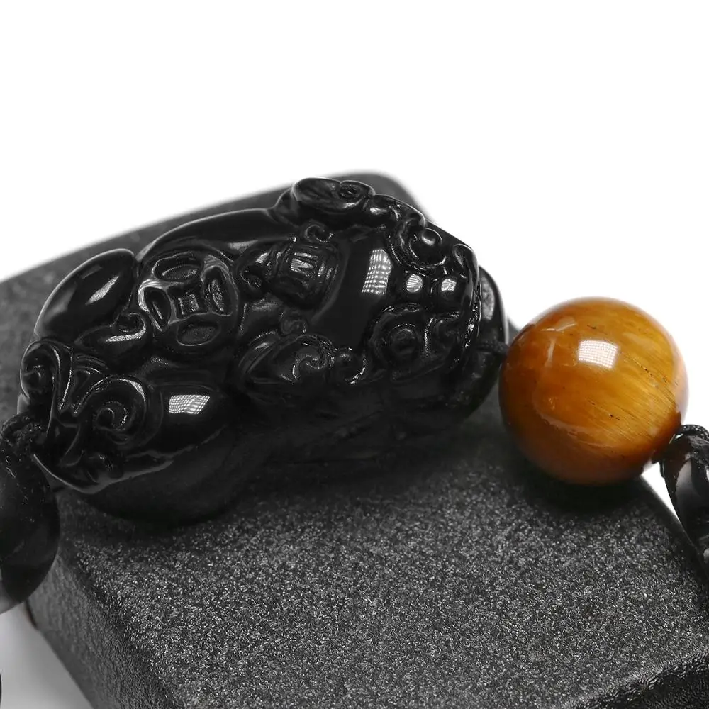 Браслет из натурального камня черного обсидиана с тигровым глазом и двойным Pixiu