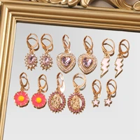 pink heart star flower crystal enamel hoop earring set for women shiny rhinestone portrait alloy earrings fashion boho jewelry
