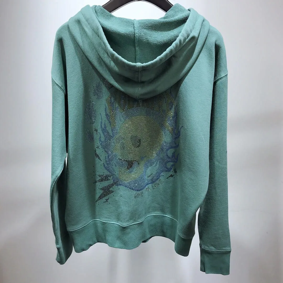 Морской синий свитер с капюшоном кардиган череп фольга тиснение горный хрусталь