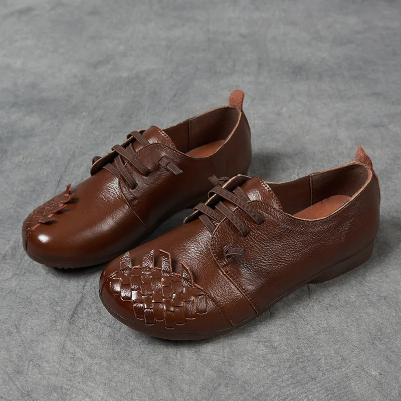 

Women Flats Sandals 2021 Summer Casual Cross Weaving Closed Round Toe Leather Shoes Vintage Fashion Brown Female Casual Shoes
