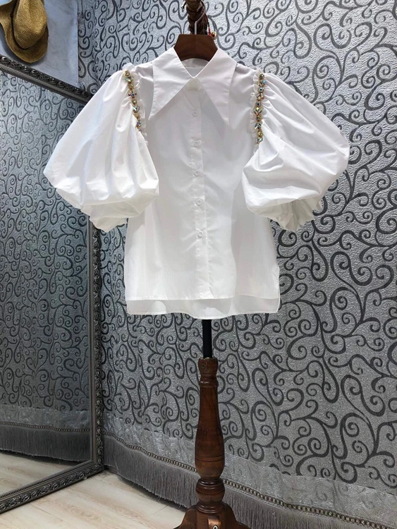 

2021 новые женские модные поворотные Наплечные стразы украшение рукава-фонарики однотонный топ 603