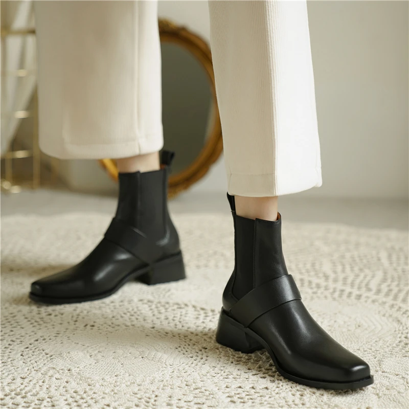 

COVIBESCO Retro Women Ankle Boots Genuine Leather Autumn Winter Metal Decoration Concise Chelsea Boots Casual Short Boots Woman