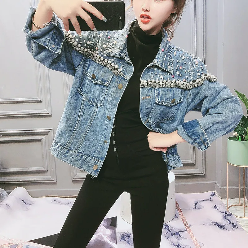 Женская джинсовая куртка с длинным рукавом короткая оверсайз бахромой и