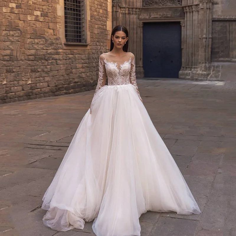 

Eightree Romantic Lace Long Sleeve Wedding Gowns 2021 Beads Couture Princess Wedding Dress Vintage Bride Dresses Women