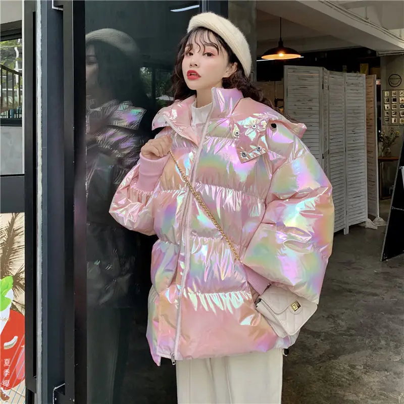 

Зимняя Новинка 2021, блестящая парка ярких цветов, женское свободное пуховое хлопковое пальто с капюшоном, зимняя куртка, теплая хлопковая верхняя одежда с капюшоном 4XL