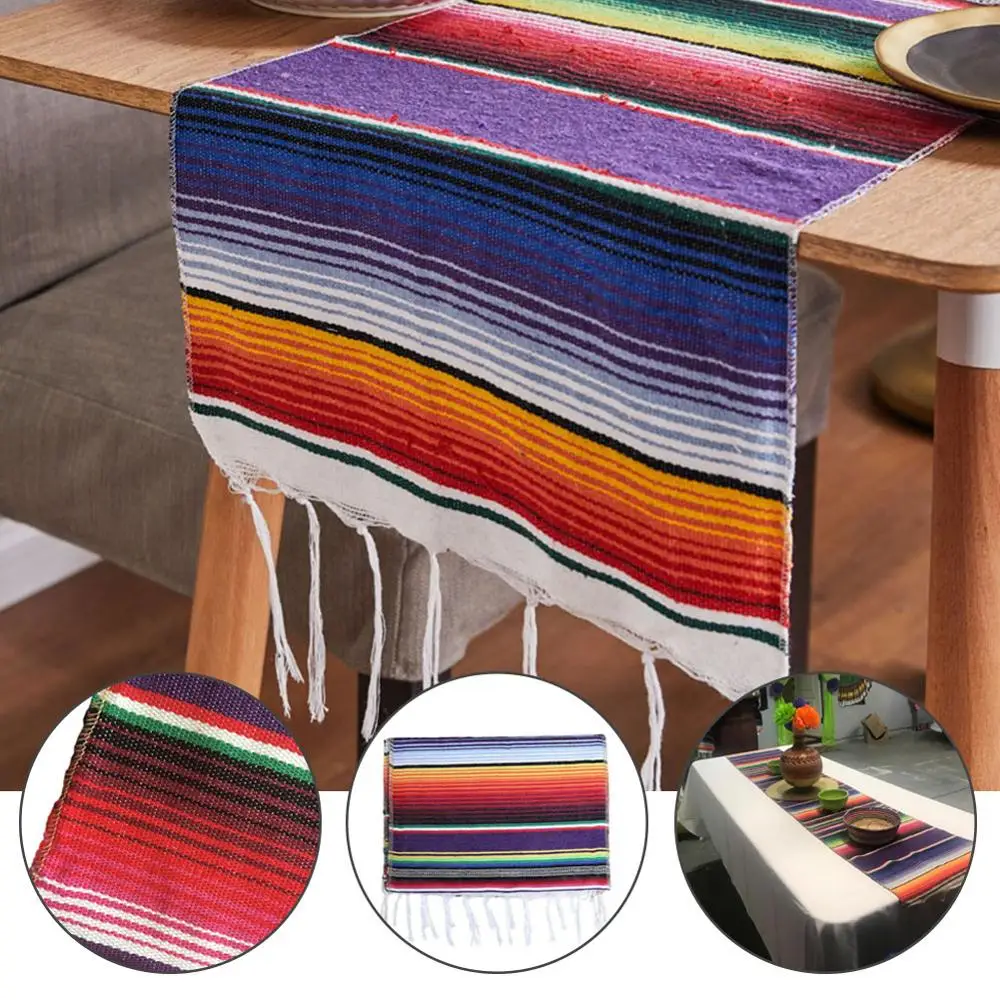 4 Colors Mexican Party Serape Cotton Tablecloth Table Runner Rainbow Wedding Party Table Runners Home Decoration 213X35cm