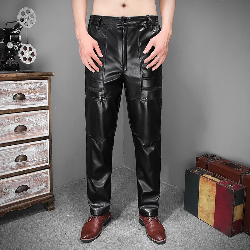 ChangNiu, модные мужские кожаные штаны, черные однотонные штаны из искусственной кожи с карманом, блестящие весенне-осенние кожаные штаны для м... от AliExpress RU&CIS NEW