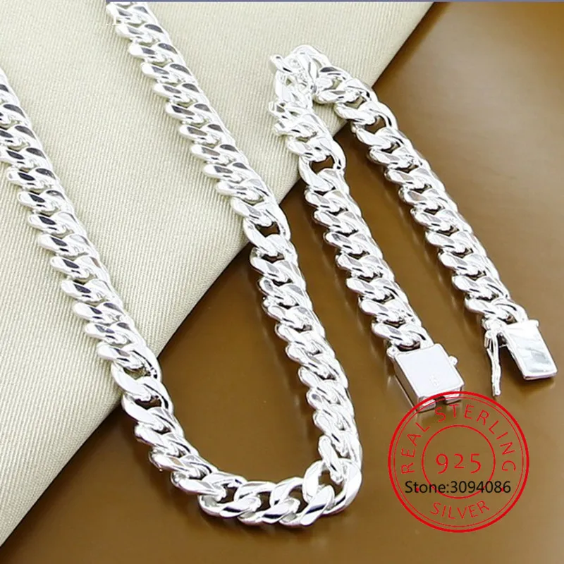 

925 Sterling Silver Sideways 10mm 20 inches Chain Square Buckle Necklace 20cm Bracelet Set For Men Jewelry