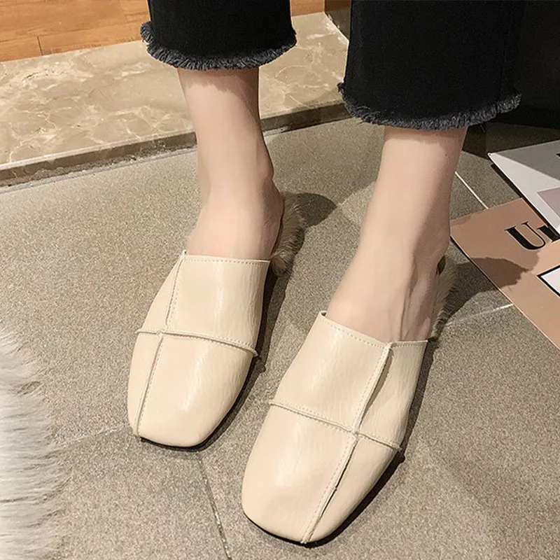 

Women Winter Slippers Fluffy Ladies Female Warm Plush Fashion Slipper Mules Flats Soft Woman Shoes New Shoes PU Square Toe